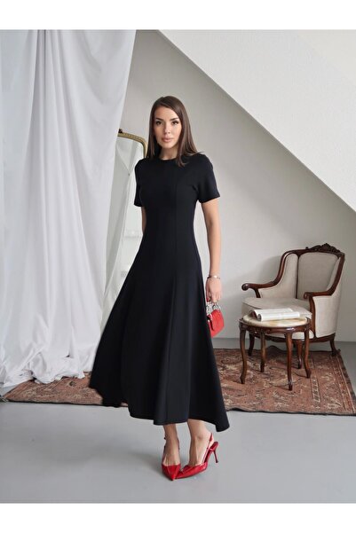 Mars Siyah Parçalı Gizli Fermuar Massi Model Maxi Elbise
