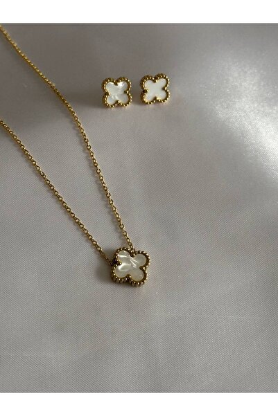 ANGELSS JEWELLERY طقم قلادة وأقراط من الفولاذ مزدوج الطبقات باللونين الذهبي و...