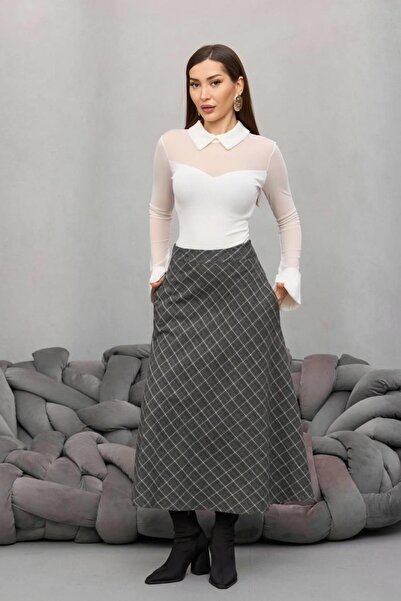 Ecenin Favorileri Gray High Waist Plaid Piece Fish Skirt