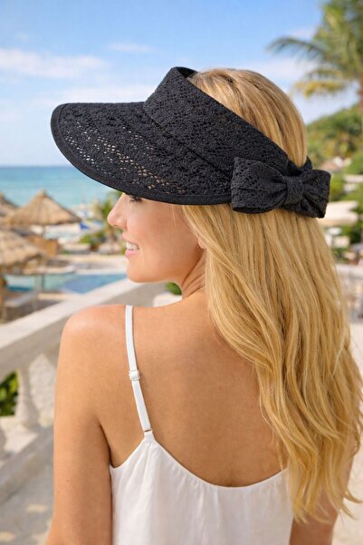 MARBERRY Μαύρο ψάθινο γυναικείο καπέλο με ρυθμιζόμενο γείσο και λεπτομέρεια κ...