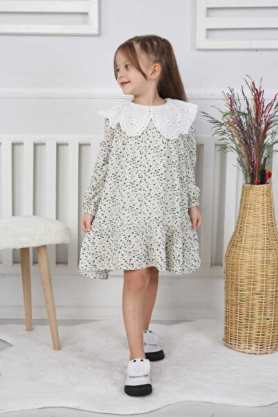 Butik Girl's Floral Print Eyelet Embroidery Piece Collared Dress – Long Sleev...