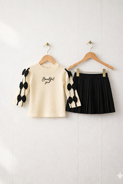 EYMİRGİYİM Set bluză cu mânecă lungă cu detalii cu fundă și fustă plisată pen...