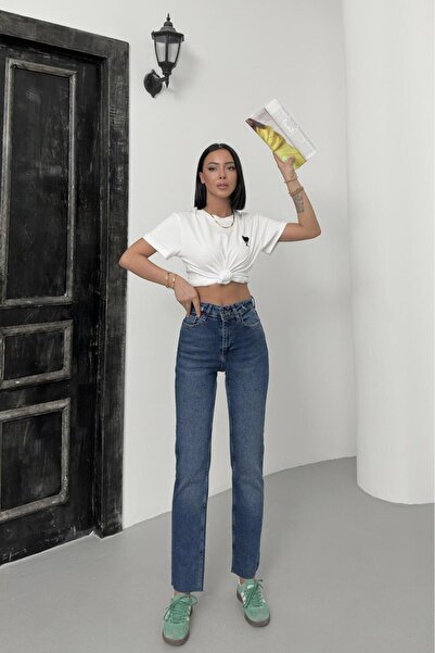 Butik Kadın Dikişsiz Paça Mom Fit Pantolon Jean Mavi