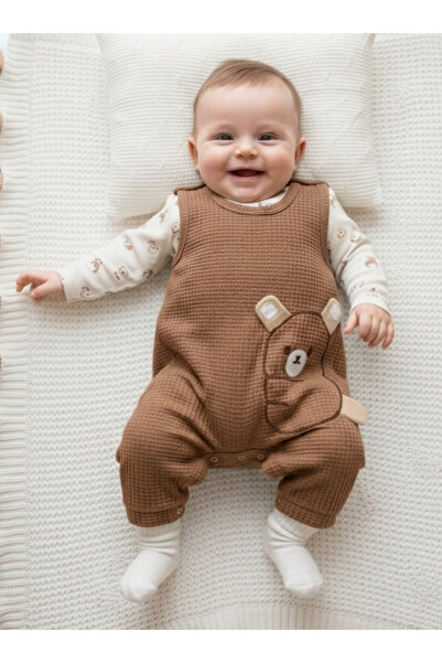 EYMİRGİYİM Teddy Bear Motif Waffle Fabric Baby Boy 3-Piece Jumpsuit 3 Months,...