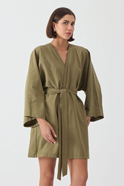 ZALİV Haki Kimono Kol Elbise Kuşaklı