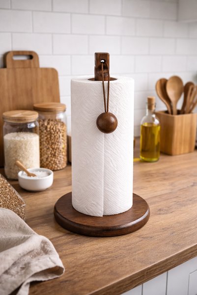 MİS KİTCHEN Acacia Wood Paper Towel Holder – Natural Wood Paper Towel Stand |   Kitchen Countertop Towel Holder Organizer