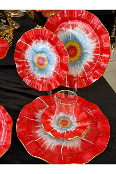 LOKMAN ZÜCCACİYE SHOWROOM 34 PARÇA 6 KİŞİLİK CAM KIRMIZIN ÇİÇEK DESENLİ PASTA...
