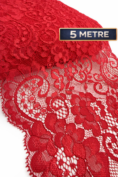 Ak Tuhafiye Ликрана мереживна тканина шириною 18 см – червона – 5 метрів елас...