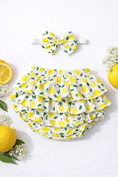 ues Kız Bebek Sarı Limon Desenli Fırfırlı Şort & Bandana Takım