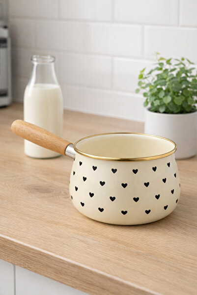 MİS KİTCHEN Black Heart Enamel Milk Pot Wooden Strappy Sauce Pot Cream Enamel...
