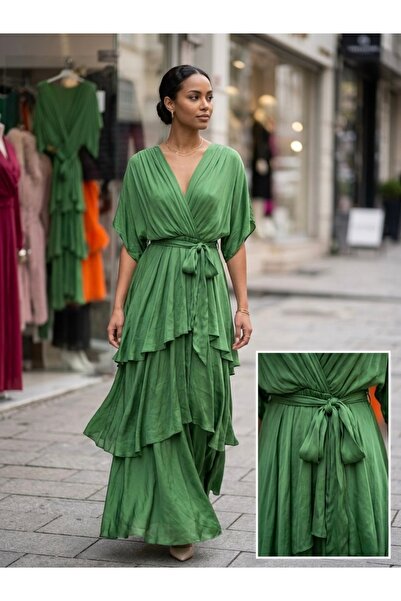 Rabiossa Kadın Fırfır Detaylı Uzun İpek Elbise