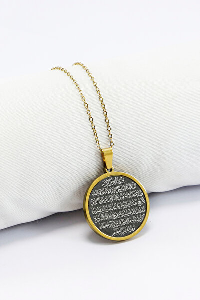 biuti Paslanmaz Çelik Siyah Gold Çelik Kolye Lazer Kazıma Önde Ayetel Kürsi A...