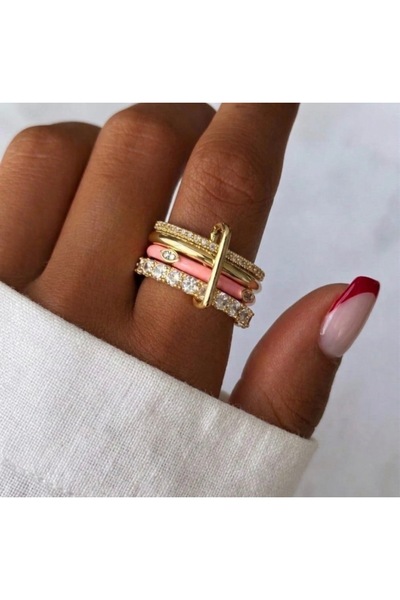 Mope Accessories Pembe Detaylı 4'lü Zirkon Taşlı Ayrılabilir Yüzük Seti - 14k...