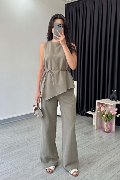 Ecenin Favorileri Khaki Asymmetrical Blouse Pants Women's Set