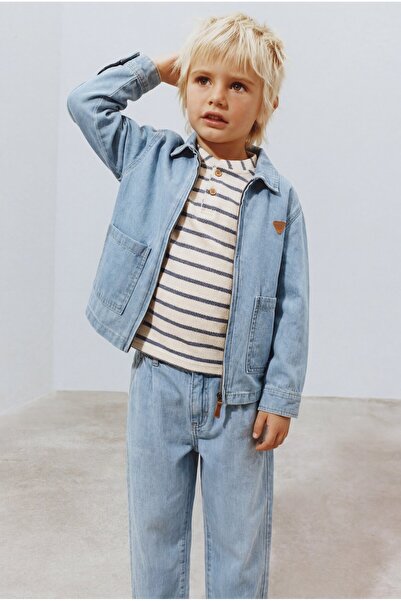 Magu Boy's Oversized Cotton Piece Set - Light Blue Jacket and Trousers - Stri...