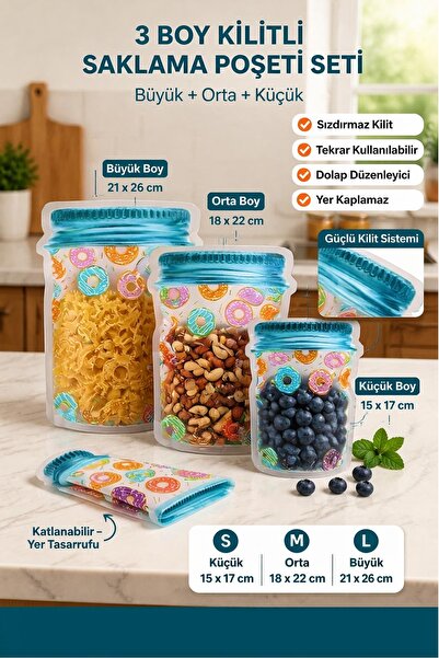 Kitchen Beauty 3 Boy Kavanoz Görünümlü Donut Desenli Kilitli Saklama Kabı Bak...