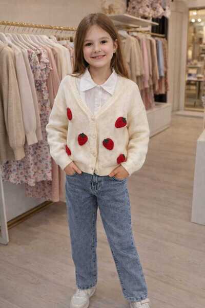 ALYA BUTİK Alya Girls' Set with Strawberry Motif Cardigan, Shirt and Denim Pants