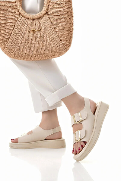 markasende Çawa Beige Women's Beige Sandals Double Buckle Orthopedic Sole Dai...