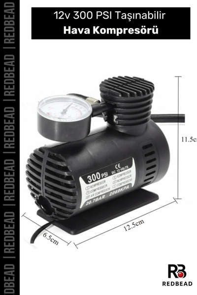 Redbead #Kompresör 12V 300 PSI Lastik Basınç Ayarı Güçlü Taşınabilir Kompakt ...
