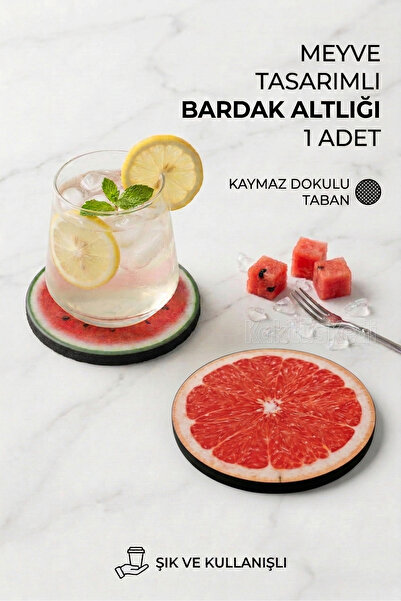 KaktüsKedi Meyve Dilimi Tasarımlı Bardak Altlığı - Dekoratif & Kaymaz Taban 1...