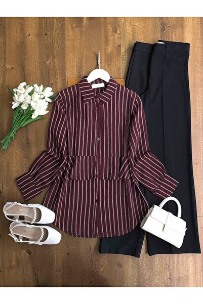 ŞAHİN TESETTÜR GİYİM ALT FIRFIRLI BEYAZ ÇİZGİLİ GÖMLEK TUNİK 5692