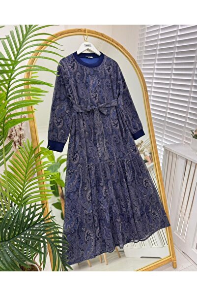 onix Lined Chiffon Hijab Dress 130 cm Navy Blue