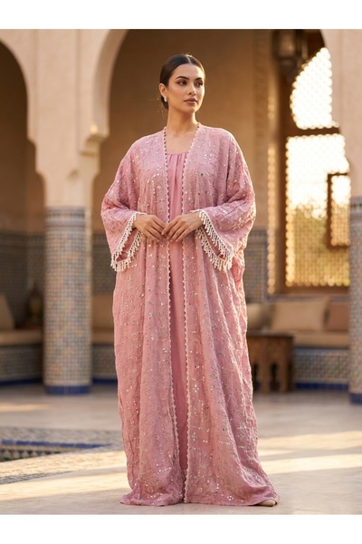 Finelook Dusty Pink Embellished Abaya Set for Women – Luxury Open Kaftan with...
