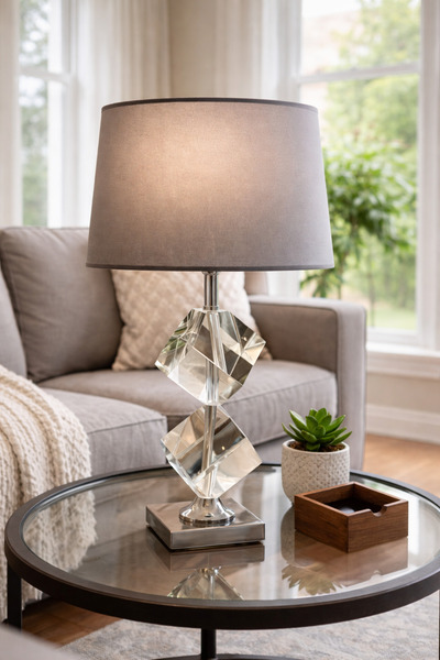 Vinner Atelier Crystal Cube Modern Abajur – Cam Küp Gövdeli Krom Metal Dekora...