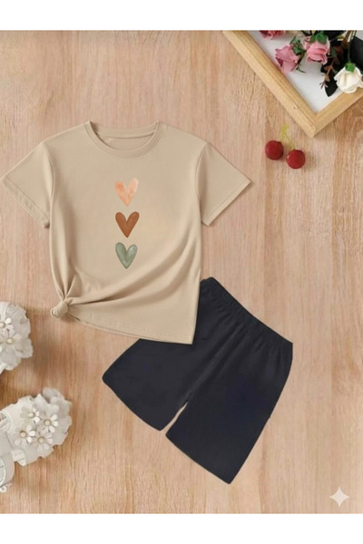 DOCE ELEGANTE SET DE VARĂ PENTRU FETE CU IMPRIMEU TRIPLU CU INIMI