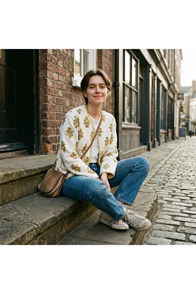 Yoncha Ekru Çiçek Desenli Pamuk Kadın Ceket – Hardal Detaylı Kapitone Bohem C...