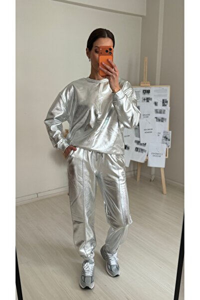 NURCAN KESKİN STORE Shiny Silver Brushed Inside Tracksuit Set