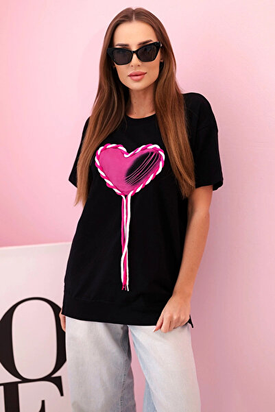Kesi Tricou supradimensionat din bumbac pentru femei, cu inimă și franjuri, n...