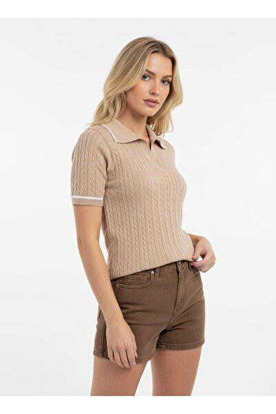 fuşyha butik Polo Collar Short Sleeve Patterned Fine Knit Sweater