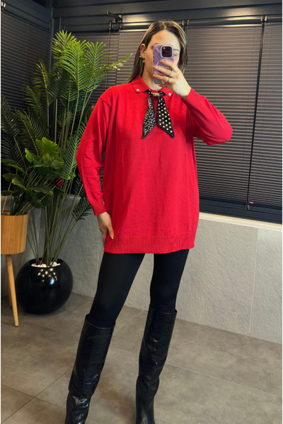 MİR STORE Kırmızı Fularlı Oversize Merserize Kazak