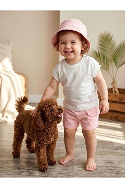 P&H BABYWEAR Kız Bebek Çiçek Nakışlı Şapkalı Tişört Şort Yazlık 3’lü Takım