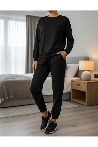 ship master Women's 100% Cotton Black Tracksuit Set Crew Neck Sweatshirt and ...