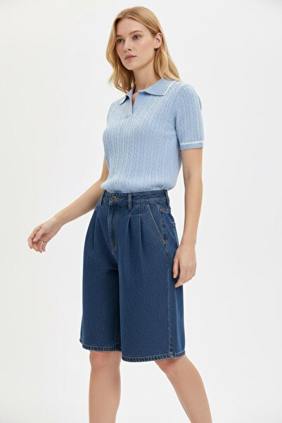 fuşyha butik Polo Collar Short Sleeve Patterned Fine Knit Sweater