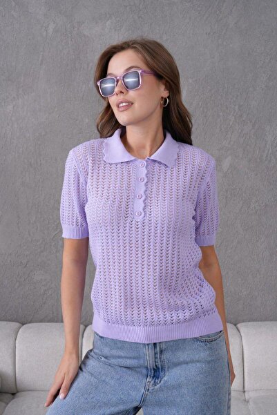 fuşyha butik Polo Yaka Kısa Kol Desenli İnce Triko Kazak