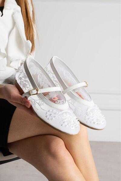 Madame Mimoza File Boncuk İnci Nakış İşleme Detaylı Yuvarlak Burun Lüks Kayma...