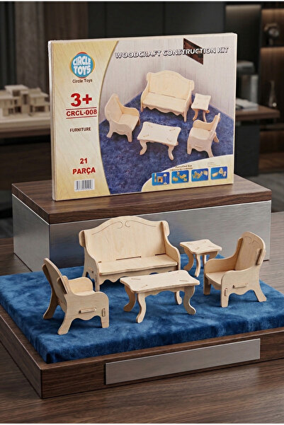 Circle Toys Ahşap Oturma Odası Mobilya Maketi – 21 Parça DIY Montaj Oyuncak Seti