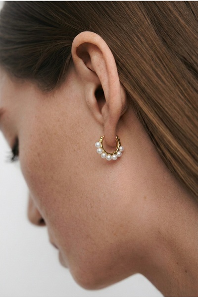 Minon Jewelry Pearl Hoop İncili Zarif Günlük Halka Küpe Gold 14K Altın Kaplama