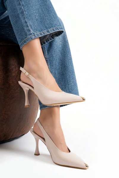 simplicity Slingback din piele lacuită bej cu detalii aurii pantofi cu toc - Pantofi de seară cu toc tip calice