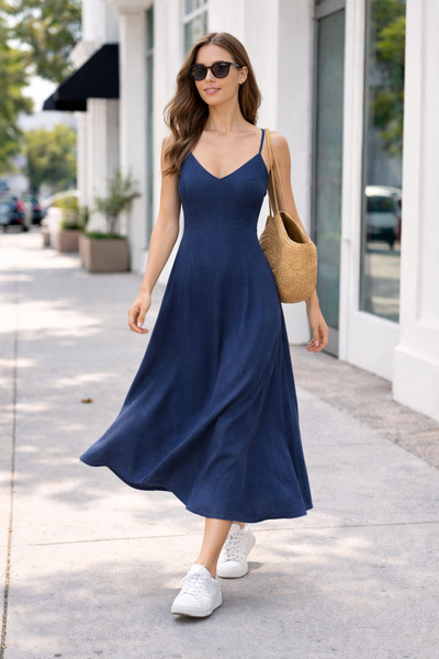 Masspera Kadın Askılı Keten Maxi Elbise – İnce Askılı Yazlık Günlük Uzun Elbise