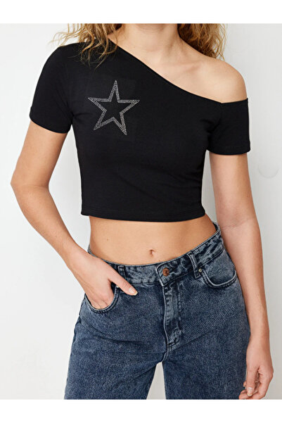 Boi Women's Star Stone Print Boat Neck Asymmetrical Cut Stretch Fabric Blouse