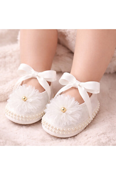BEBEXO KIDS Kız Bebek Bilekten Bağlamalı İncili Patik Tüllü Beyaz Ayakkabı 18...
