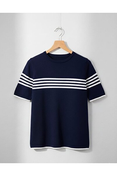 SERMEZ Pulover tricotat cu mânecă scurtă, în dungi, pentru femei