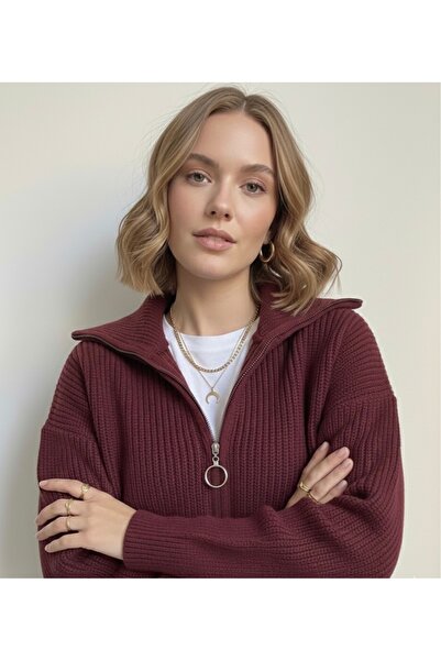 K-ODEA BUTİK Zippered Bordo Knitwear Women's Cardigan
