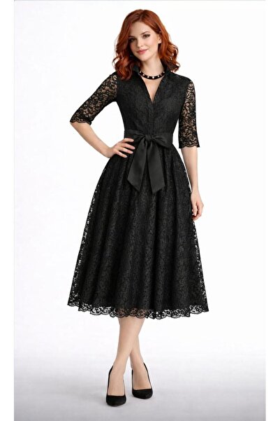 ALYEL NAKER Belt Detailed Midi Length Stylish Lace Shirt Dress