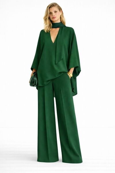 ALYEL NAKER Mobile Shawl Detailed Regular Blouse & Wide Leg Pants Crepe Set