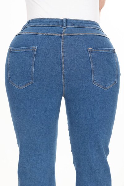 BİrHoşButik Plus Size Full Lycra İ Flared S Stretchy E Pocketed Wide Fit Keme Belt Rend Denim Seasonal Pants